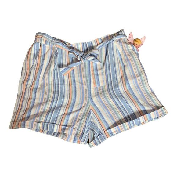 Caslon Stripe Paperbag Shorts Blue White XL Belted Cuff Linen Wide Leg NEW - Picture 4 of 9